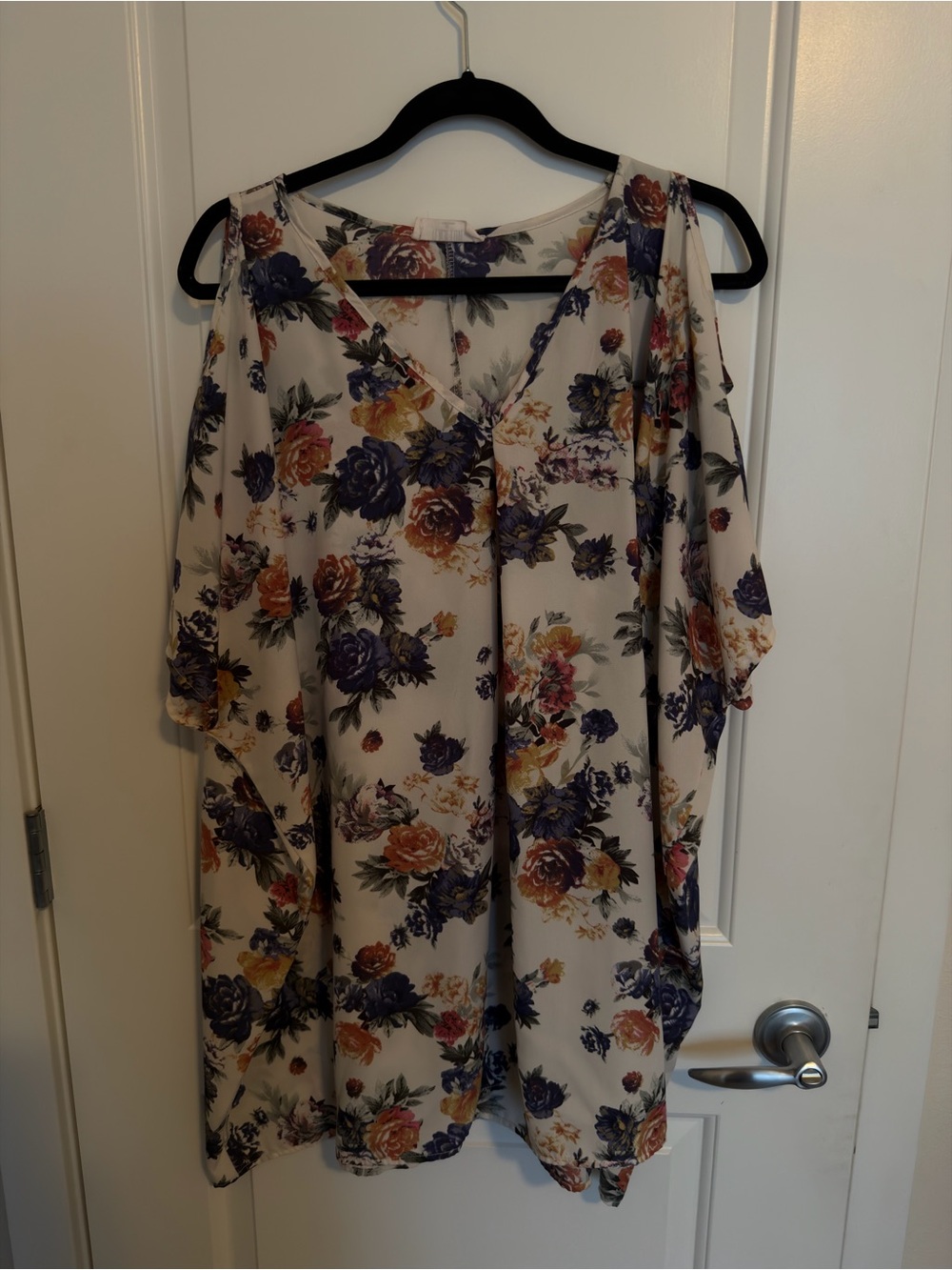 Floral Open-Shoulder V-Neck Women’s Top/dress - Cream with Purple & Yellow Roses